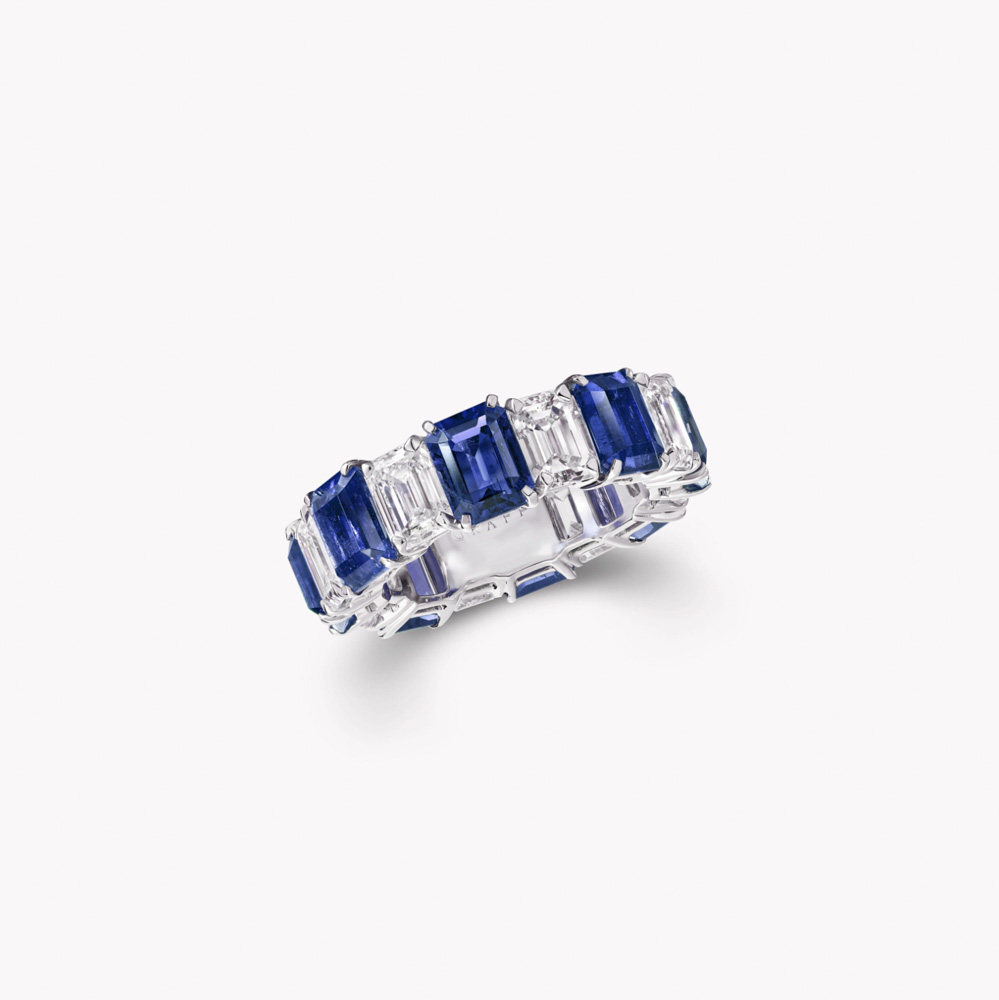 Graff Emerald Cut Sapphire and Diamond Wedding Band Ring